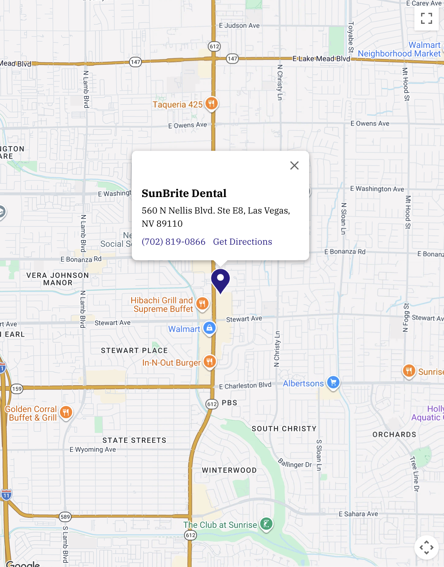 Map showing SunBrite Dental at 560 N Nellis Blvd.  Ste E8, Las Vegas, NV 89110